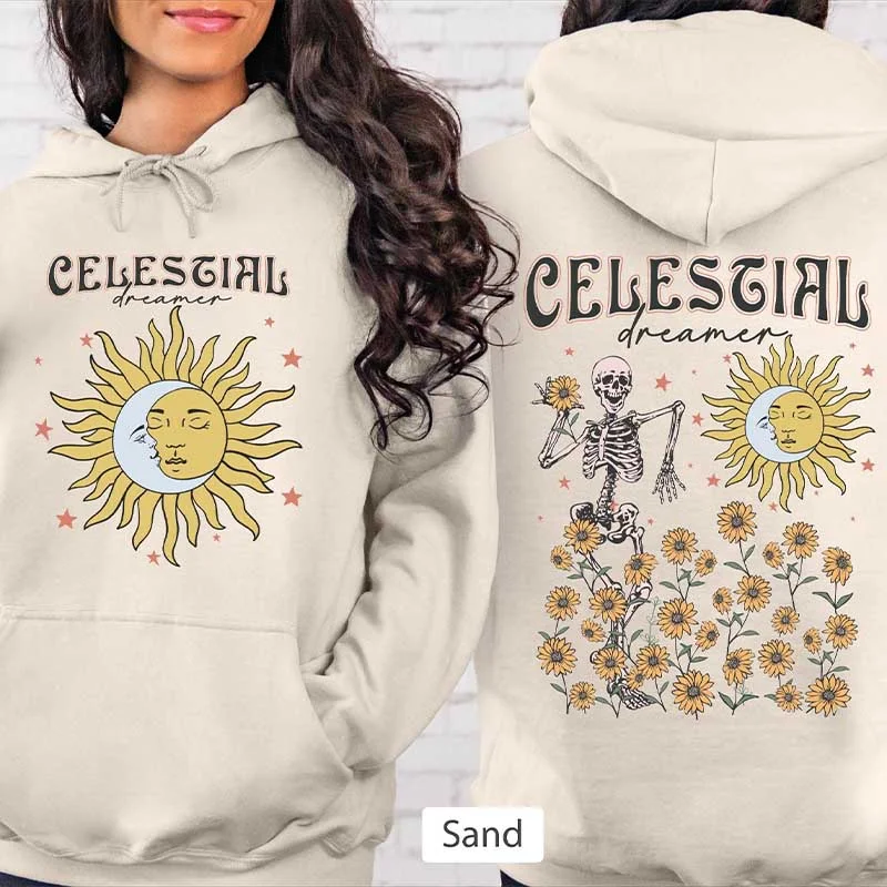 sapphire hoodie deep -Celestial Dreamer Sunflower Sun Moon Hoodie