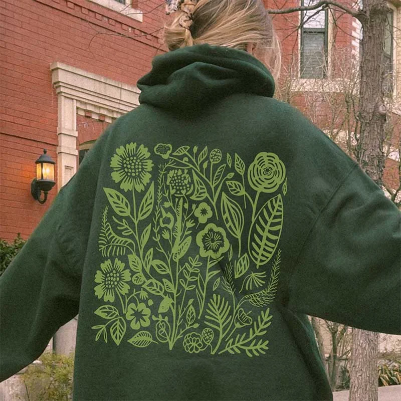 hoodie for school teams -Retro Wildflowers Hoodie Forest Green Hoodie