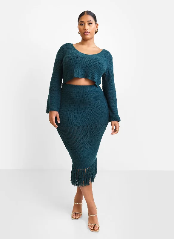 navy chiffon skirts trendy -Jina Crochet Tassel Hem Midi Bodycon Skirt - Teal