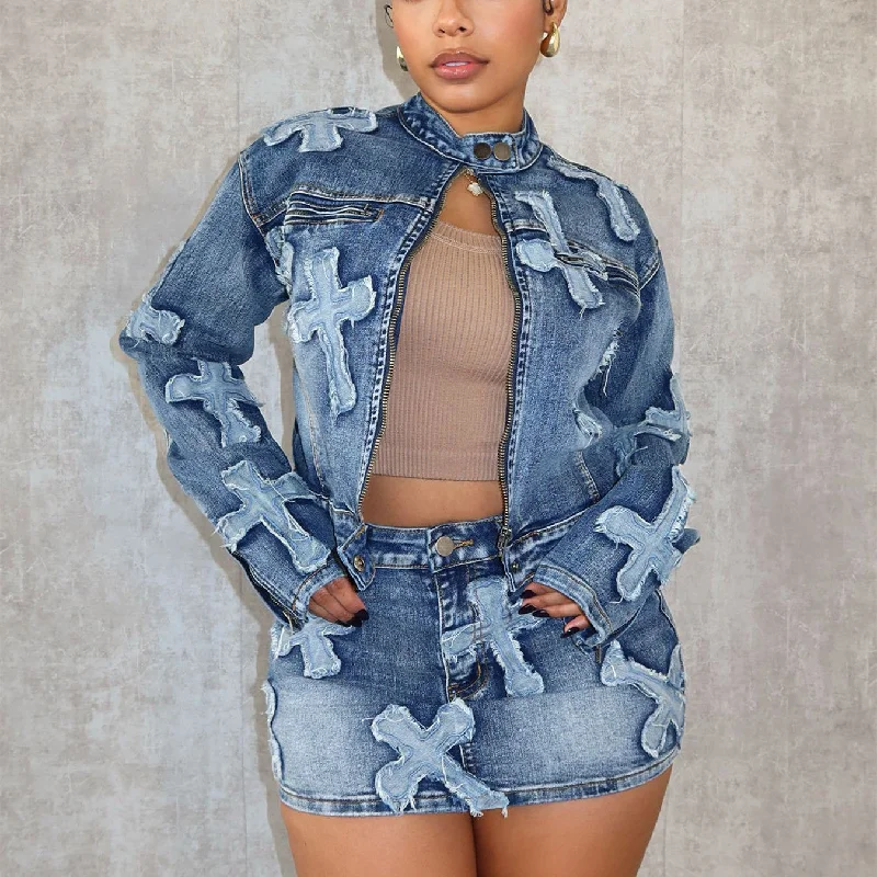 beige mini skirts cute -Denim Embroidered Short Skirt Jacket Suits Suit