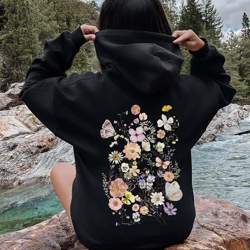 hoodie for comfy days -Butterfly Mountain Meadow Pressed Flower Hoodie