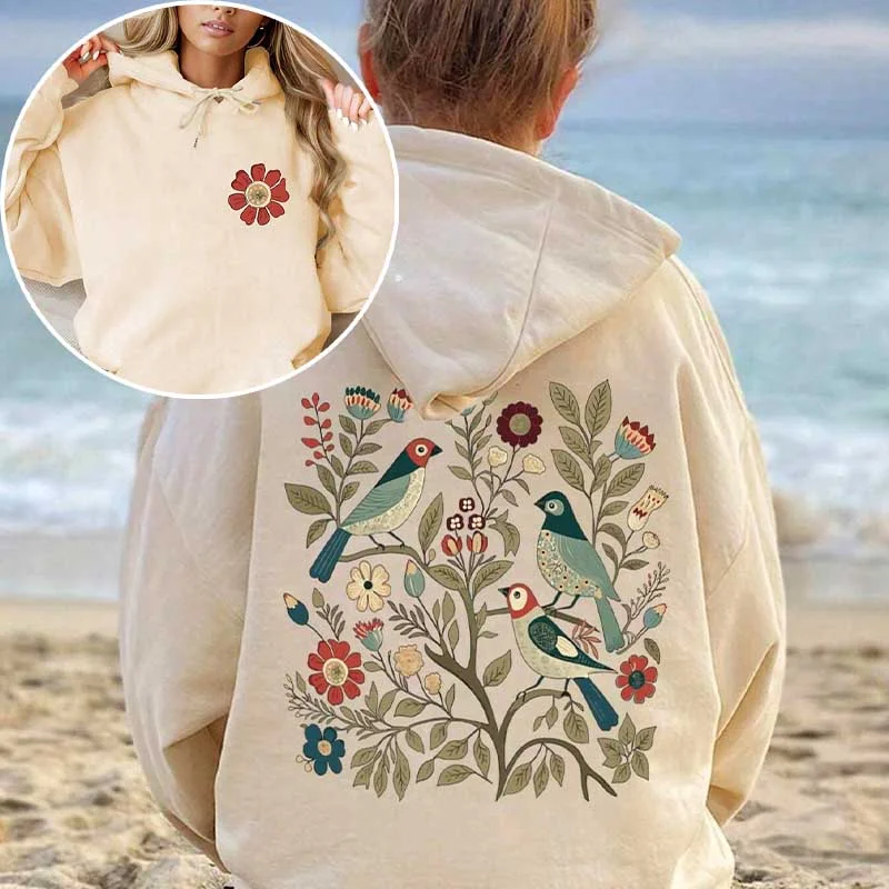 hoodie for minimalist wardrobe -Casual Bird Flower Boho Hoodie