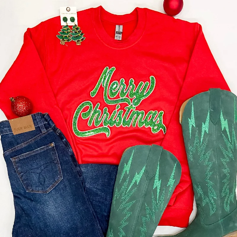 sweatshirts with flared neck -Green Sequin Merry Christmas Patch Graphic Sweatshirt in Red