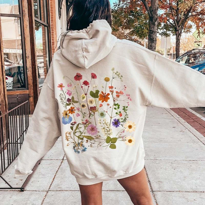 hoodie with gathered cuffs -Pressed Flowers Idea Wildflower Garden Hoodie