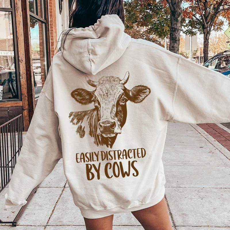 hoodie with contrast stitching -Easily Distracted By Cows Hoodie