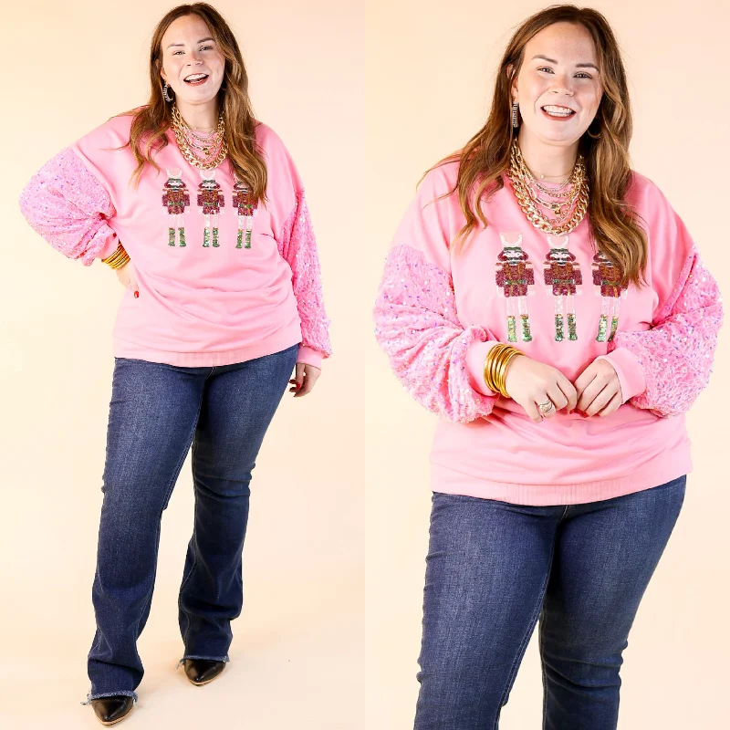 sweatshirts for casual chic -Sequin Nutcracker Crewneck Sweatshirt with Velvet Sleeves in Light Pink