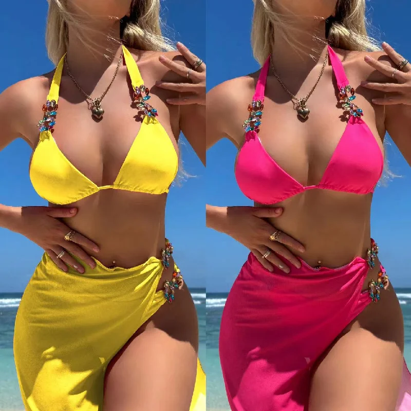 green chiffon skirts feminine -Light Diamond Solid Color Long Skirt Mesh Three Piece Swimsuit Bikini