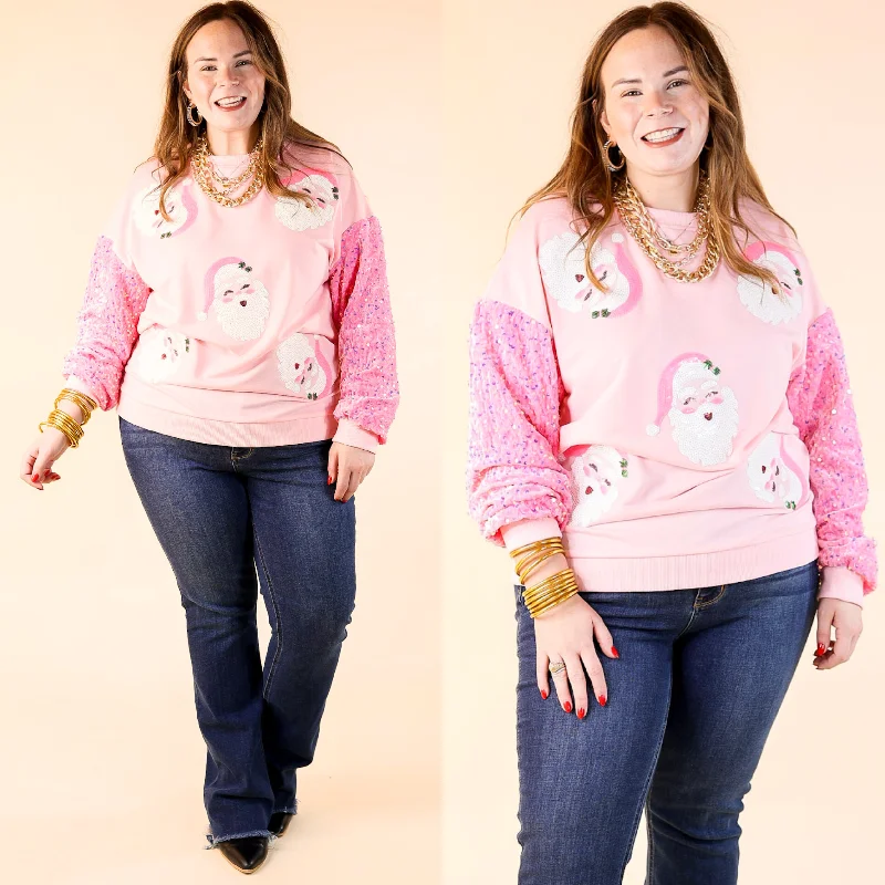 sweatshirts for cozy comfort -Sequin Santa Crewneck Sweatshirt with Velvet Sleeves in Light Pink