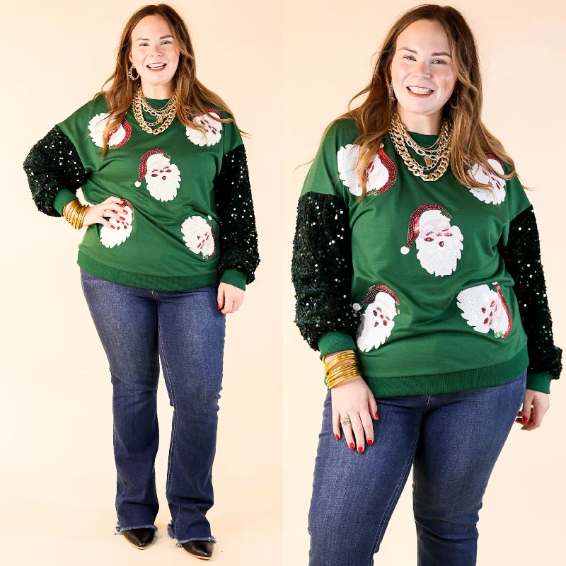 sweatshirts with ribbed sleeves -Sequin Santa Crewneck Sweatshirt with Velvet Sleeves in Dark Green