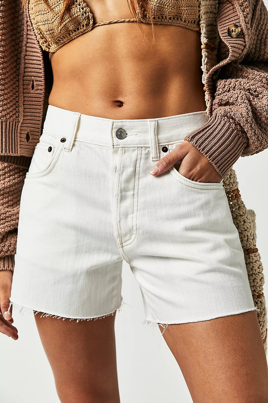 pink denim shorts trendy -Free People Ivy Mid Rise Short