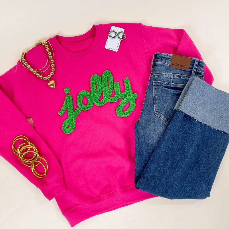 sweatshirts with flared cuffs -Jolly Hand Stitched in Green Christmas Graphic Sweatshirt in Pink