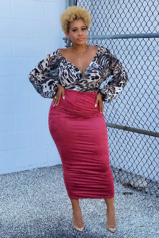 grey pleated skirts smart -Deon Ruched and Fitted Maxi Skirt - Marsala