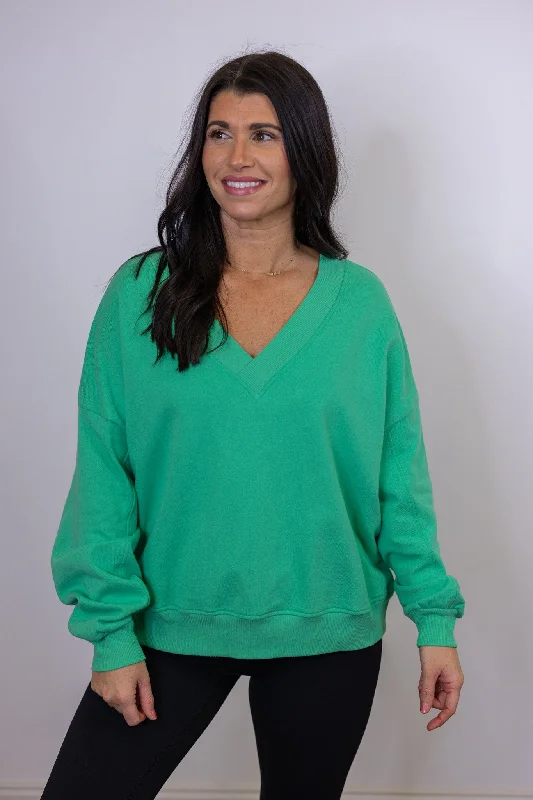 sweatshirts for chic fashion -Trending Green V Neck Sweatshirt