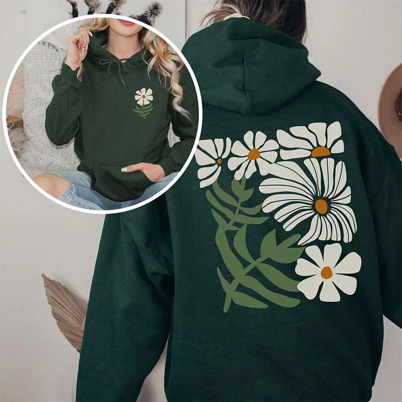 hoodie with crisscross front -Boho Flower Brown Daisy Floral Hoodie