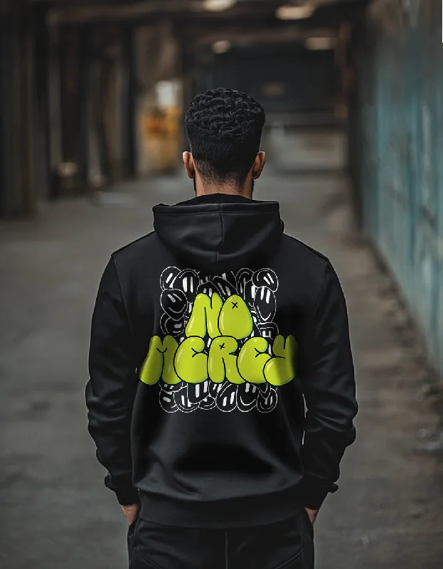 hoodie for warm climates -No Mercy Black Regular Fit Back Printed Hoodie