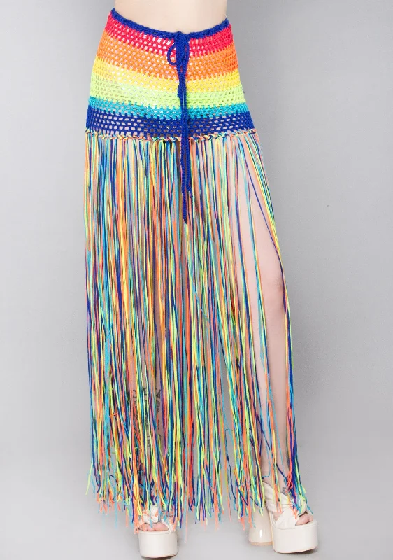 black pencil skirts for work -Rainbow Thrillz Crochet Fringe Skirt