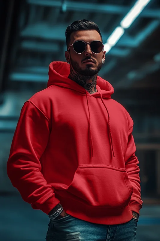 hoodie with pleated back -Red Plain Regular Fit Hoodie