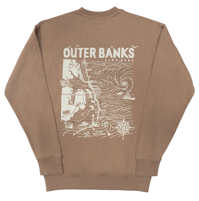 maroon sweatshirts warm -REAL Outer Banks Map Wmn's Crew Sweatshirt-Latte