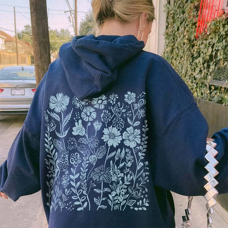 hoodie with graphic print -Blue Wildflower Granola Girl Hoodie