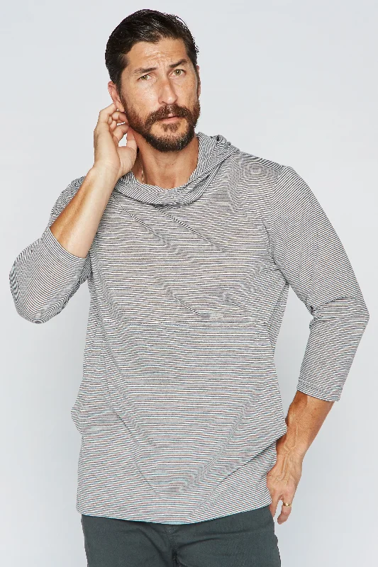 hoodie for cozy fashion -Men's 3/4 Sleeve Cowl Neck Visor Hoodie - Grey & White Stripe