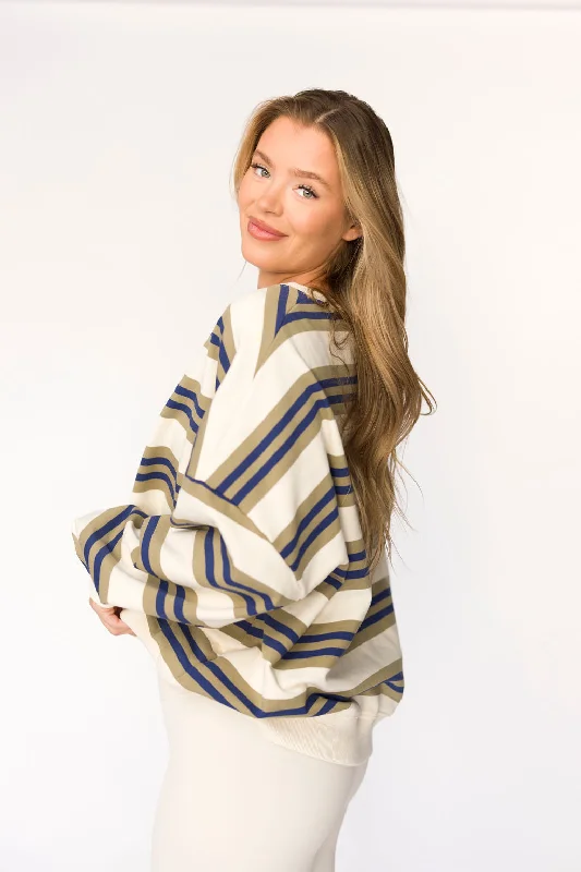 kids' sweatshirts cute -Hillary Oversized Striped Terry Sweatshirt in Olive/Navy