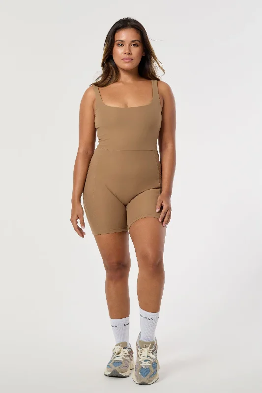 black tailored shorts modern -Olivia Square Neck Onesie | Recycled Polyester | Toffee