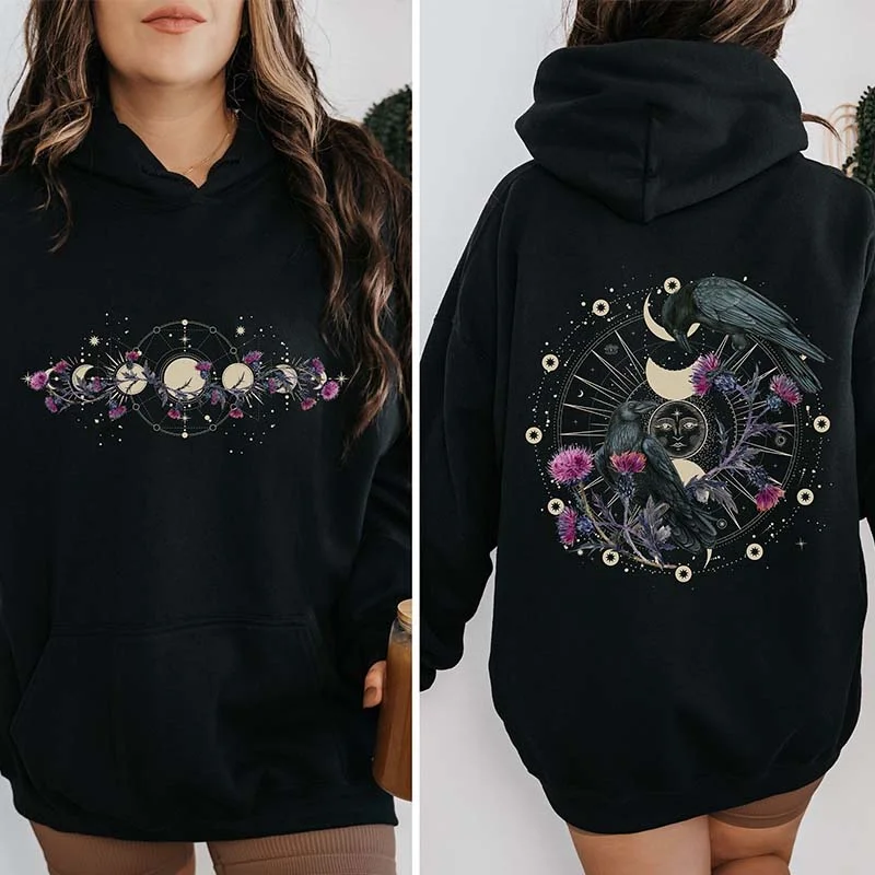 hoodie for holiday gifts -Celestial Ravens and Thistles Spiritual Bird Hoodie