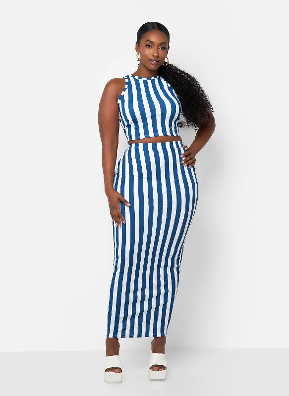 black maxi skirts chic -Michelle Stripe Maxi Bodycon Skirt - White & Navy