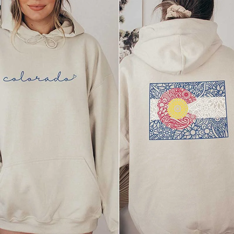 hoodie with loose hem -Colorado Flag Mountian Hoodie