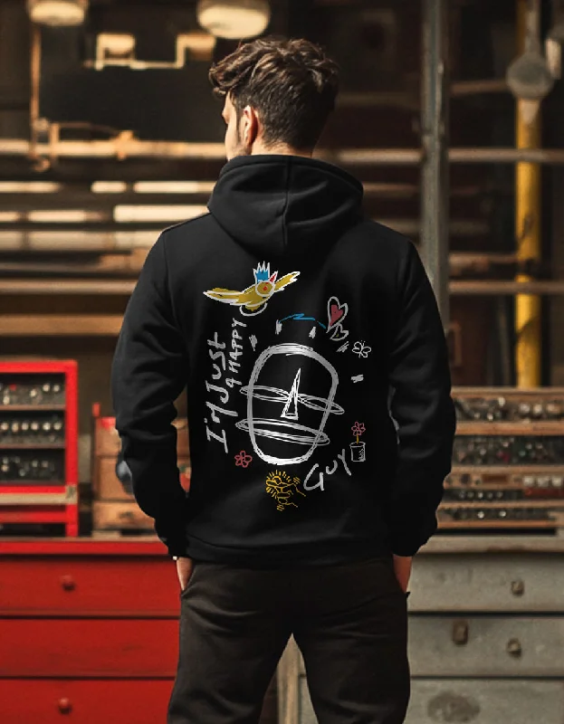 hoodie with sherpa lining -Happy Guy Black Regular Fit Back Printed Hoodie