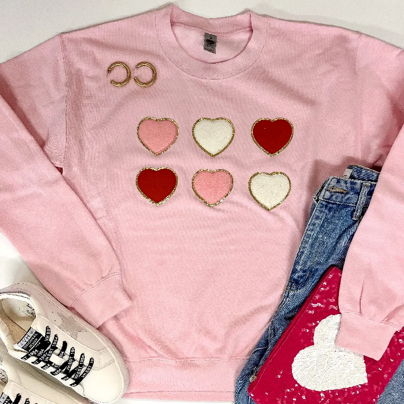 lightweight sweatshirts for summer -Lots Of Love Chenille Heart Graphic Sweatshirt with Long Sleeves in Light Pink