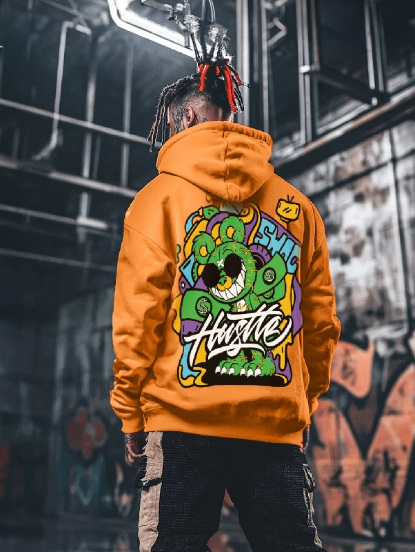 hoodie with split hem -Hustle Orange Oversized Back Graphic Printed Hoodie