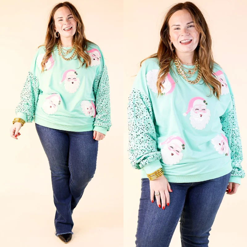 slate graphic sweatshirts -Sequin Santa Crewneck Sweatshirt with Velvet Sleeves in Mint Green