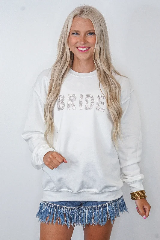 tan graphic sweatshirts -Blingy Bride Crew White Sweatshirt