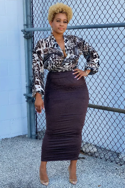 black wrap skirts sleek -Deon Ruched and Fitted Maxi Skirt - Chocolate