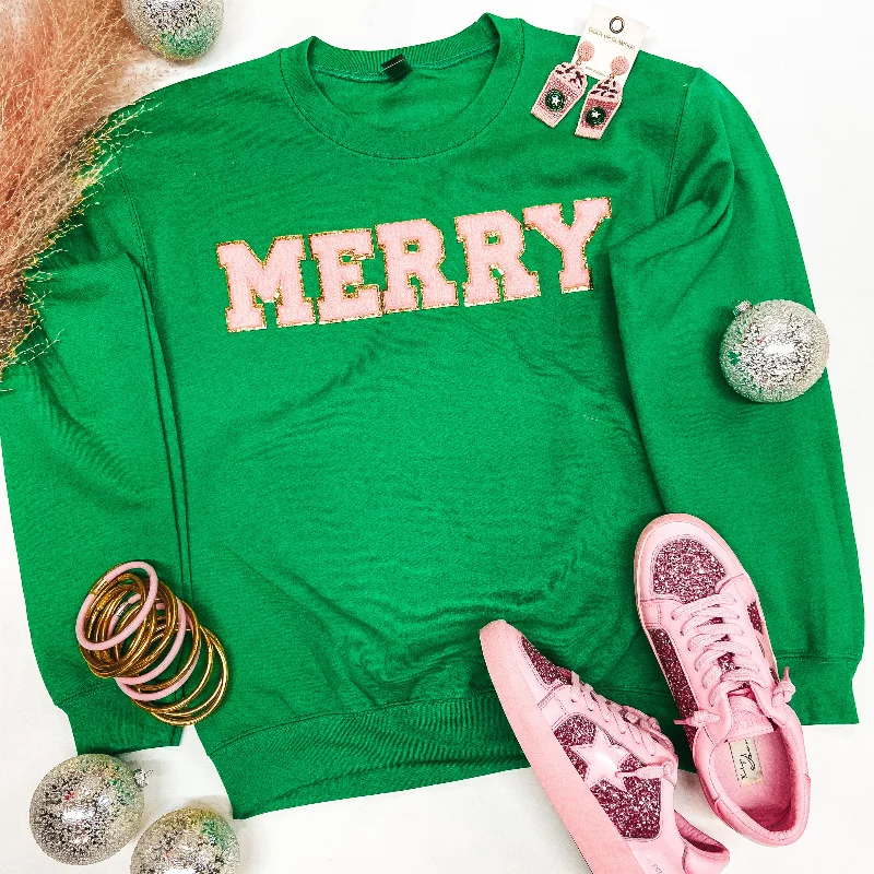 sweatshirts for gym wear -Merry Chenille Letter Graphic Sweatshirt with Long Sleeves in Green