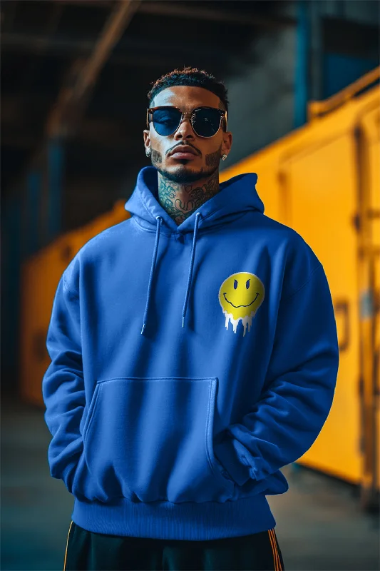 hoodie for layering tops -Smile Blue Oversized Pocket Graphic Printed Hoodie