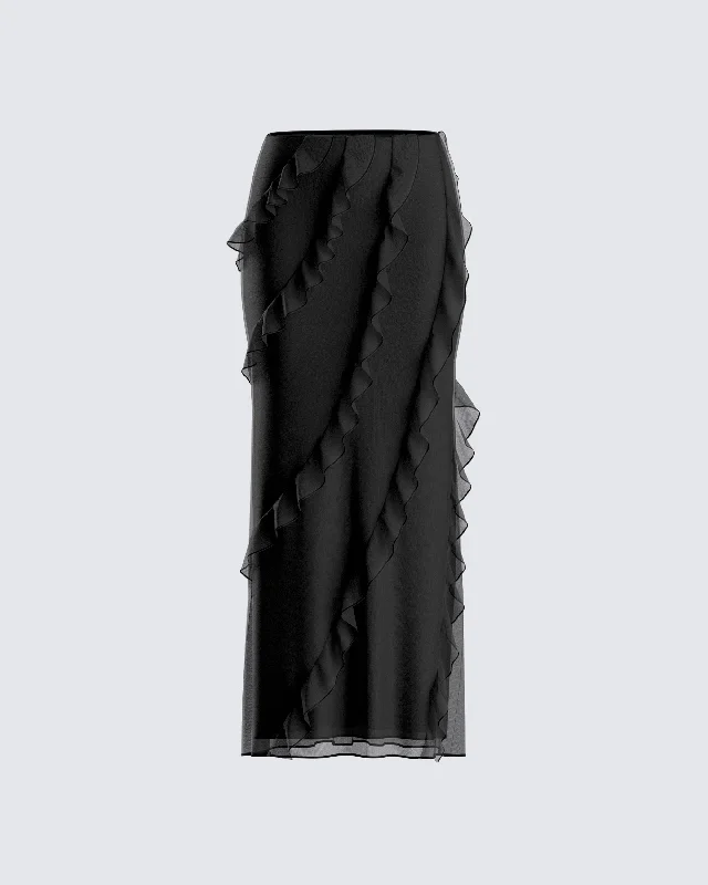 beige pleated skirts smart -Sissy Black Ruffle Maxi Skirt