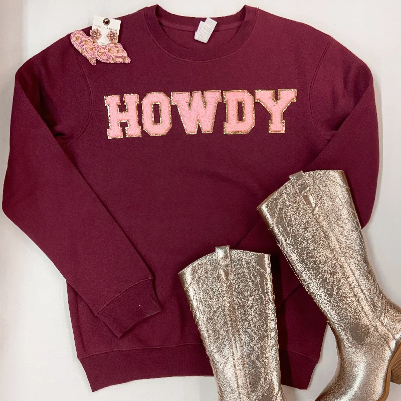 oversized sweatshirts for women -Howdy Chenille Letter Graphic Sweatshirt with Long Sleeves in Maroon