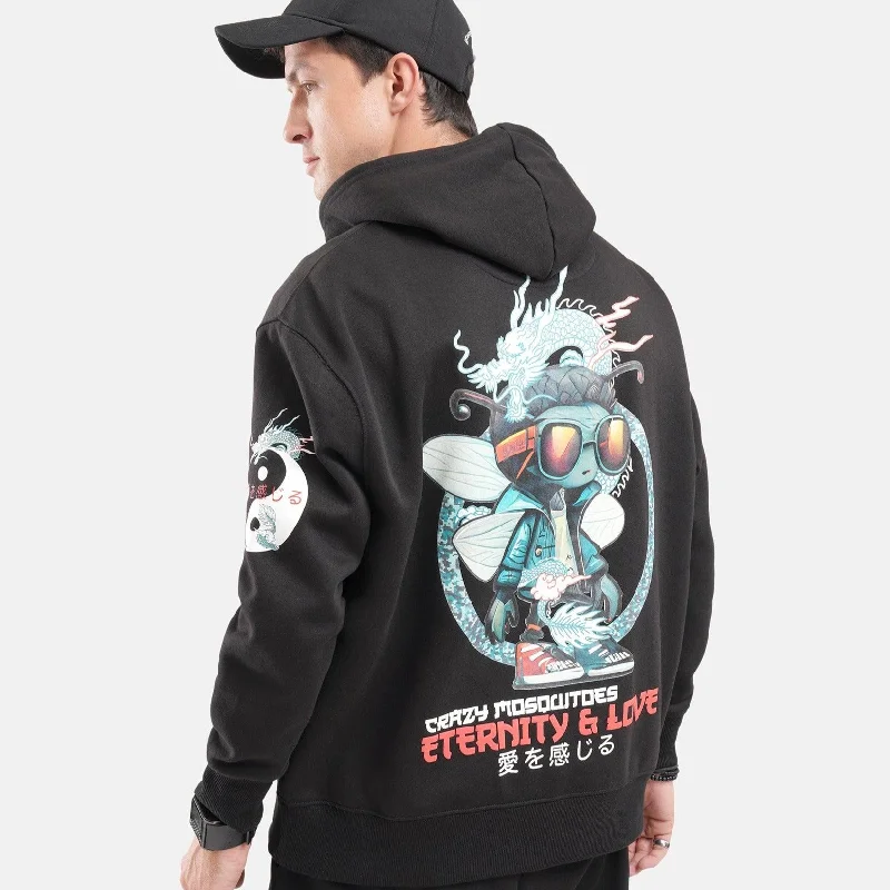 hoodie for cool nights -Dragon Regular Fleece Hoodie in Black