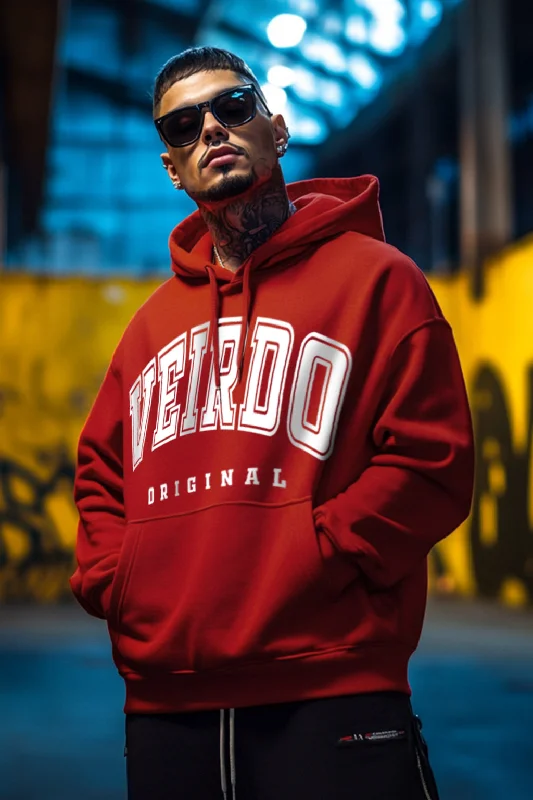 hoodie with ruched details -Veirdo Original Red Front Graphic Printed Hoodie