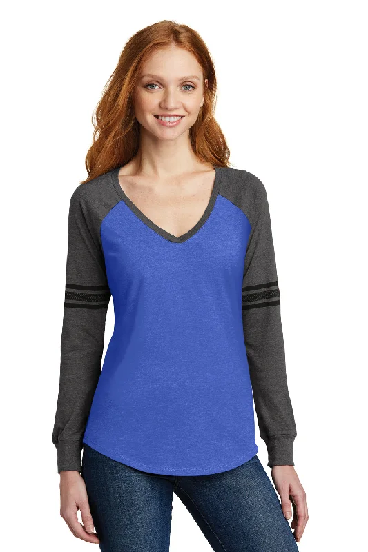 District Womens Game Long Sleeve V-Neck T-Shirt - Heather True Royal Blue/Heather Charcoal Grey/Black - Closeout