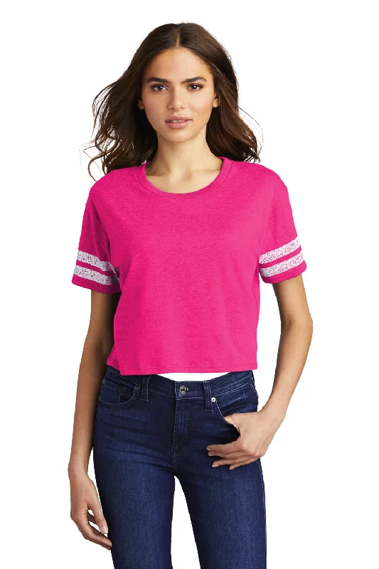 black oversized t-shirts street -District Womens Scorecard Crop Short Sleeve Crewneck T-Shirt - Heather Dark Fuchsia Pink/White - Closeout