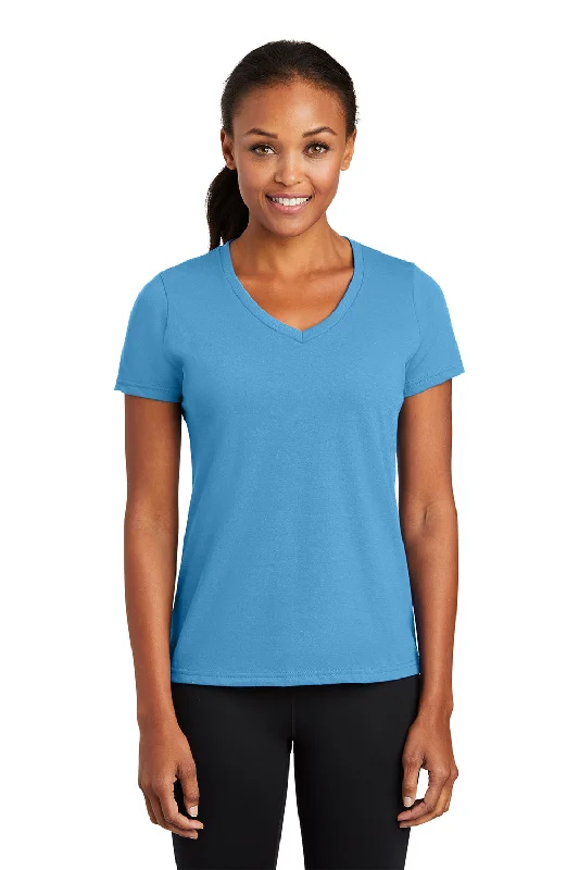 red crew neck t-shirts vibrant -Port & Company Womens Dry Zone Performance Moisture Wicking Short Sleeve V-Neck T-Shirt - Aquatic Blue