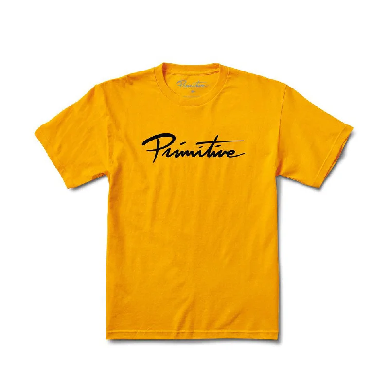 blue oversized t-shirts loose -Primitive Apparel Nuevo Script T-Shirt Gold