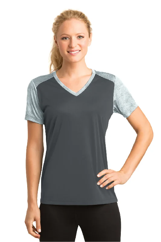 blue oversized t-shirts casual -Sport-Tek Womens CamoHex Moisture Wicking Short Sleeve V-Neck T-Shirt - Iron Grey/White - Closeout