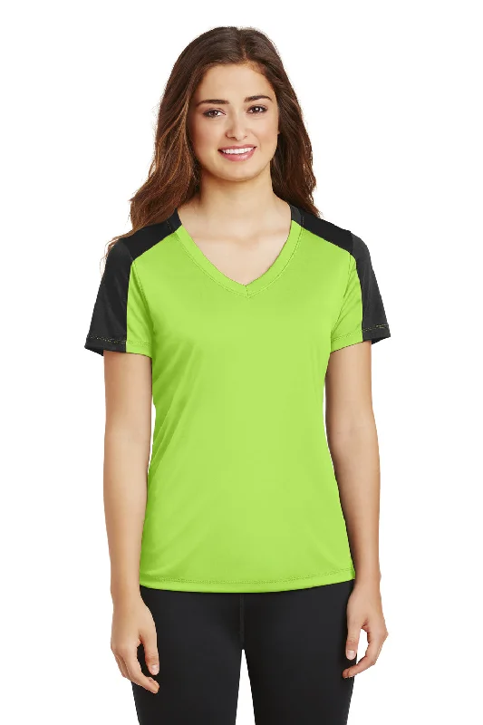 black graphic t-shirts edgy -Sport-Tek Womens Competitor Moisture Wicking Short Sleeve V-Neck T-Shirt - Lime Shock Green/Black - Closeout