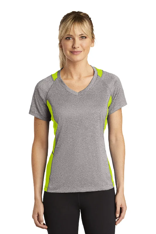 red oversized t-shirts relaxed -Sport-Tek Womens Contender Heather Moisture Wicking Short Sleeve V-Neck T-Shirt - Heather Vintage Grey/Lime Shock Green