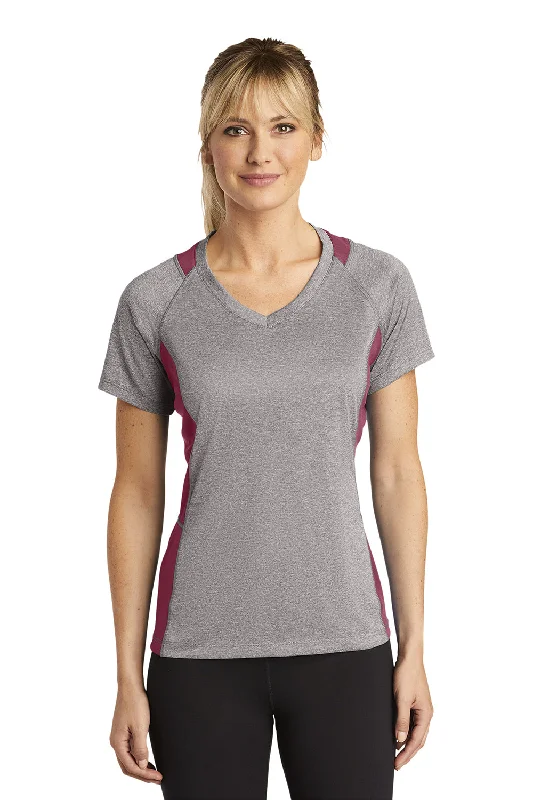 white v-neck t-shirts women -Sport-Tek Womens Contender Heather Moisture Wicking Short Sleeve V-Neck T-Shirt - Heather Vintage Grey/Maroon