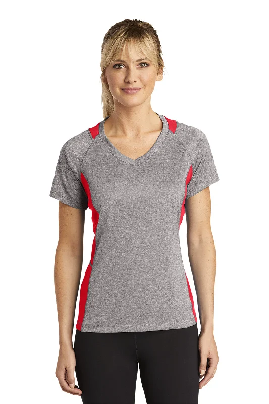 neon yellow t-shirts bright -Sport-Tek Womens Contender Heather Moisture Wicking Short Sleeve V-Neck T-Shirt - Heather Vintage Grey/True Red